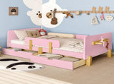 Twin Size Platform Bed with Storage Drawers, Solid Wood Beds Frame with Bed Guardrail, Small Shelf, W1580P373242