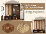 Farmhouse Widen Hall Tree with 4 Rattan Doors, Versatile 4-In-1 Seating Bench with N721P297555D