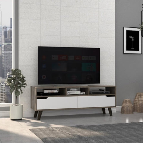 ZUN Oslo Tv Stand for TV´s up 51", Two Drawers, Four Legs, Three Open Shelves -Dark Brown / White B20092107