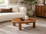 33.46" Round Coffee Table with Sunburst Wood Grain Top, Solid Wood Tray Frame & Cylindrical Legs, W3158P536534