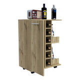 ZUN Bar Cart, Two External Shelves, Four Casters, Six Built-in Wine Rack, Single Door Cabinet -Light Oak B20091827