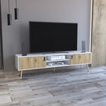 ZUN Huna TV Stand, Dual-Tone with Hinged Drawers and Open Shelves B200P173202