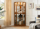 6 Shelf Corner Curio Display Cabinet with Lights, Mirrors and Adjustable Shelves, Oak 07189603