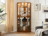 6 Shelf Corner Curio Display Cabinet with Lights, Mirrors and Adjustable Shelves, Oak 07189603