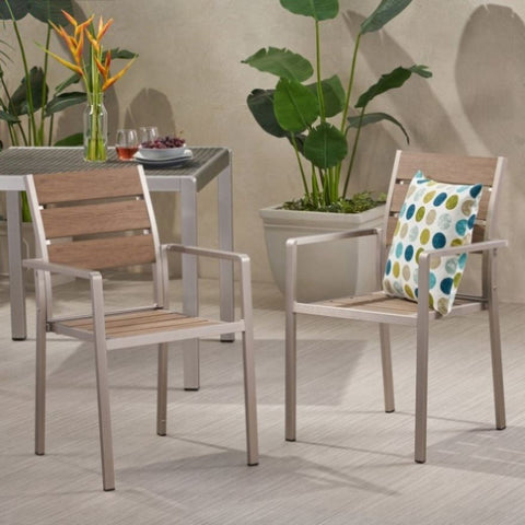 ZUN Outdoor Modern Aluminum Dining Chair with Faux Wood Seat , Natural and Silver 67214.00