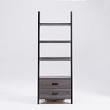 Two drawer ladder bookcase metal bar handles Distressed Grey and black two tone color B107P295241