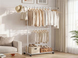 Extendable Double Rod Metal Clothing Rack with Wheels, Adjustable Height Garment Rack 14665782