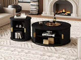 Mid-Century Coffee Table Set with Sliding Tambour Door, Round Fluted End Table With N721P351940B