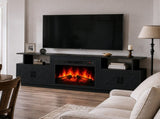 Black Embossed Fireplace TV Stand, 179*35*57.5cm, Particle Board. 4 doors & 2 shelves, barn door 47721966