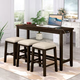 ZUN TOPMAX 4 Pieces Counter Height Table with Fabric Padded Stools, Rustic Bar Dining Set with Socket, WF326001AAD