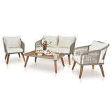 ZUN 4 Piece Patio Furniture Set, Outdoor Acacia Wood Conversation Set, All-Weather Rope Sofa Set with 73393792