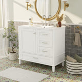 36" White Bathroom Vanity with Solid Pine Frame, 1 Soft Close Door and 3 Drawers , Modern Storage N729P211167K