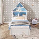 ZUN Twin Size House-Shaped Bed with Bookcase Headboard and Led Light and Twin Size Trundle for Kids Boys WF530847AAC