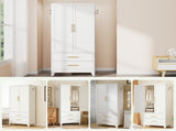 White Metal Wardrobe Closet with 2 Doors and Drawers, 71 Tall Storage Cabinet for Bedroom, T2398P480393