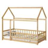 Twin Size House Floor Wooden Bed with Roof Frame,Safety Guardrails,Natural W504P286404