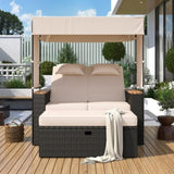 ZUN 2-Piece Rattan Outdoor Patio Bench Lounge Roof Set, Effective UV Protection Fabric & Waterproof 60504296