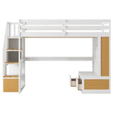 Full Size Loft Bed with Desk and Shelves, Two Built-in Drawers, Storage Staircase, White and Natural 04858801