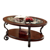 ZUN Traditional Style Brown Cherry 1pc COFFEE TABLE Open Bottom Shelf Ornate Design Glass Top Living B011P203063