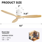ZUN 52 Inch Decorative Solid Wood Ceiling Fan Without Light 6 Speed Remote Control Reversible DC Motor W882P147278