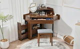 Corner Makeup Vanity Desk With Mirror & LED Lights, Modern Vanity Set With Mirror And Stool, N844P263663W