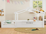 Full Size Floor Bed with Guardrails and Roof, Kids House Floor Bed with a Small Built-in Tray and W1580P396332