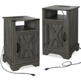 Farmhouse Nightstand Side Table, Wooden Rustic End Table, Tall Bedside Table with Electrical Outlets B082134937