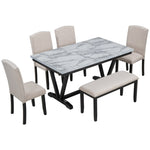 ZUN Modern Style 6-piece Dining Table with 4 Chairs & 1 Bench, Table with Marbled Veneers Tabletop and 73511539