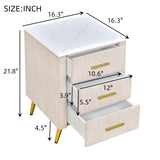Upholstered Wooden Nightstand with 3 Drawers and Metal Legs&Handles, Bedside Table with Marbling N733P208520A