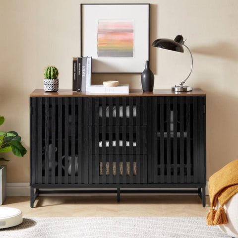 ZUN 3 Drawer and 4 Shelves Dresser with Slatted Grille Striped Drawer and doors, Modern Style Dresser, W578P193314