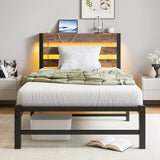 Twin Size Bed Frame Heavy Duty Platform Bed Frame with Headboard, USB Charging Station, LED Bed, No W840P209879