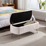 ZUN Ivory White Storage Ottoman for End of Bed Gold Legs, Modern Ivory White Faux Fur Entryway W117082032