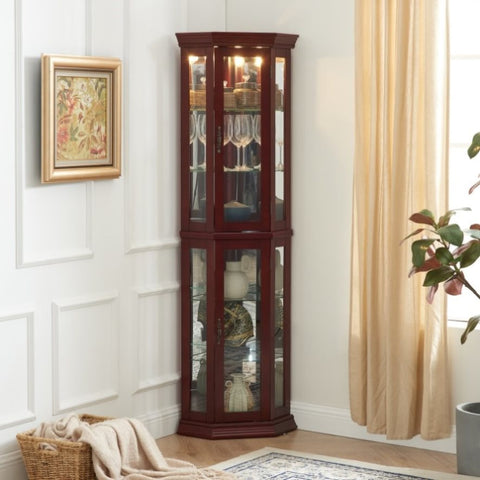 ZUN Corner Curio Cabinet with Lights, Adjustable Tempered Glass Shelves, Mirrored Back, Display W1693P165015