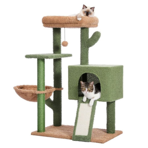 ZUN Cactus Cat Tree Cat Tower with Sisal Covered Scratching Post and Cozy Condo Cat Climbing Stand with 52187964