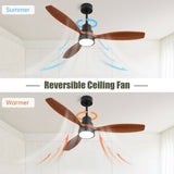 ZUN 52 Inch Wooden Ceiling Fan With 3 Solid Wood Blades Remote Control Reversible DC Motor With Led 99114376