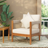 Acacia Wood Outdoor Club Chair with Handwoven Rope Accents & Curved Backrest - Water-Resistant Boho N767P265743N