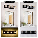 4-Light Matte Black Gold Bathroom Light Fixtures, Modern Vanity Lights with Crystal Glass Shade, W1592P233317