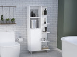 Mott 63" H Linen Bathroom Cabinet with Seven Open Shelves, One Drawer and four legs,White B097P167431