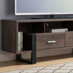 ZUN Modern TV Stand with Three Shelves and Two Drawers - Dark Brown & Black B107131389