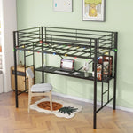 ZUN Twin Metal Loft Bed with Desk, Power Outlet and LED Lighted , Safety Guard & Ladder, No Box Spring W840P192240