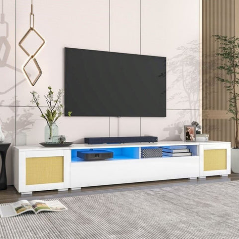 ZUN ON-TREND Rattan Style Entertainment Center with Push to Open Doors, 3-pics Extended TV Console Table WF300276AAK