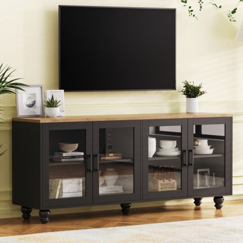 ZUN ON-TREND Farmhouse TV Stand with Tempered Glass Doors for TVs Up to 70", Versatile Sideboard with N721P206052B