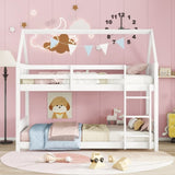 Twin Over Twin House Floor Bed with Headboards, Footboards and Guardrails, Ladder, Rubber Wood W504P227938