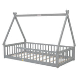 Twin Tent-shaped Floor Bed, Teepee Bed with Guardrails, Slats,Grey W504119495