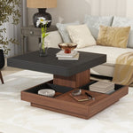 ZUN ON-TREND Modern Square 360&deg;Rotating Coffee Table with Three Detachable Tray, 2-Tier Farmhouse Wood N721P191981B