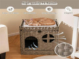 2-Tier Wicker Cat Condo with Litter Mat - Hidden Litter Box Enclosure, Detachable Washable Cushion, 98775677