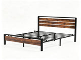 Queen Size Metal Wood Platform Bed Frame, 3-Panel Fire Burnt Brown Wood Grain Headboard with LED 63949330