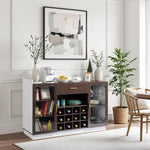 ZUN Double Glass Door with Single Drawer and 12-Bottle Wine Rack Sideboard in Black Frame + White-Brown 64021820