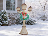 6FT Gold 3-Head Street Lamp with Wreath, 210 Warm White LEDs, Christmas Light Post, US Plug 72751542