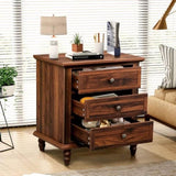 Brown P2 particle board with 3D paper solid wood legs 63*44.5*68.5CM three drawers bedside table 04124081
