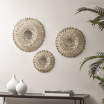 ZUN Round Natural Fiber and Mirror 3-piece Wall Decor Set B03598788